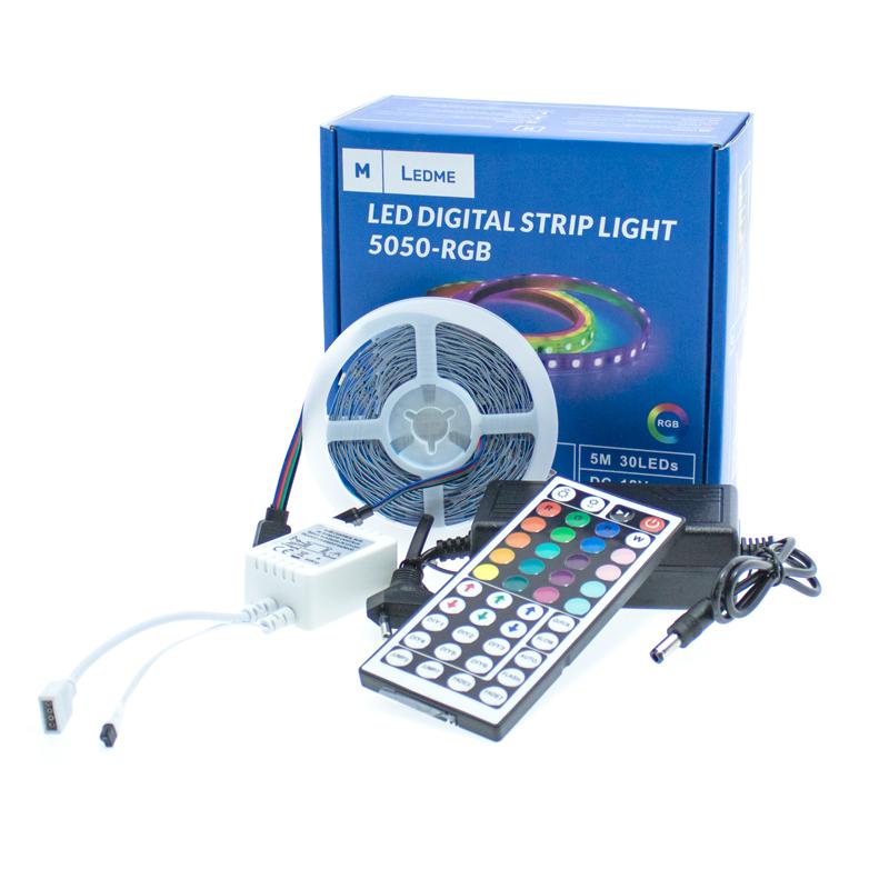 PACK TIRA LED DIGITAL RGB 12V SMD5050 5 METROS - CONTROL REMOTO + FUENTE DE ALIMENTACION