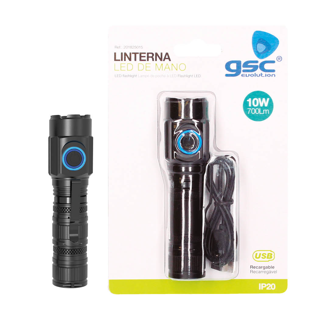 LINTERNA DE MANO LED GSC 10W - RECARGABLE USB - 700 LUMENES - BATERIA 2200MAH