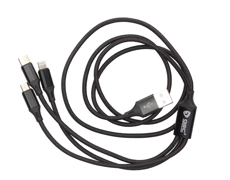 CABLE USB MULTICARGA GSC NEGRO - MICRO USB, TIPO C E IPHONE - CABLE  TRENZADO - 5V/3A - BMPrint