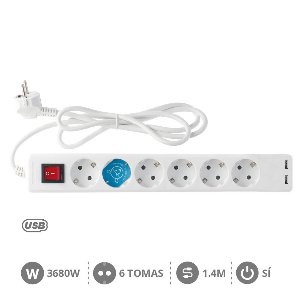BASE MULTIPLE CON INTERRUPTOR GSC - 6 TOMAS + 2 USB - CABLE 1.4 METROS - POT.MAX. 3680W
